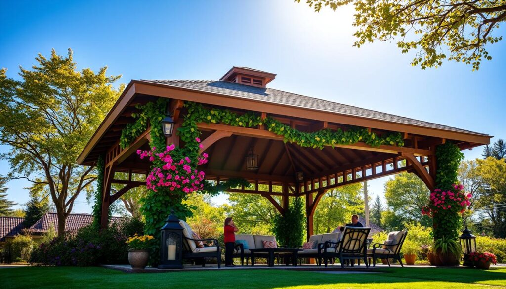 Pavillon mit fester Überdachung im Sommer